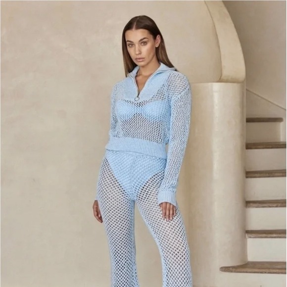 Monday Swimwear Sweaters - Monday Swimwear Lisbon Quarter Zip Sea Mist Petite Crochet Pullover‎ Sweater L